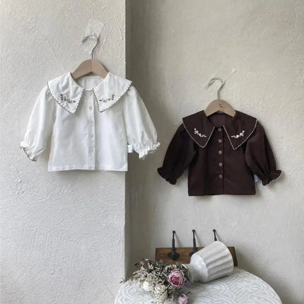 ベビートップス フラワー刺繍長袖ブラウス - mamahalo shop - 長袖シャツ・ブラウス -  べビー服 - 子供服 - 男の子 - 女の子