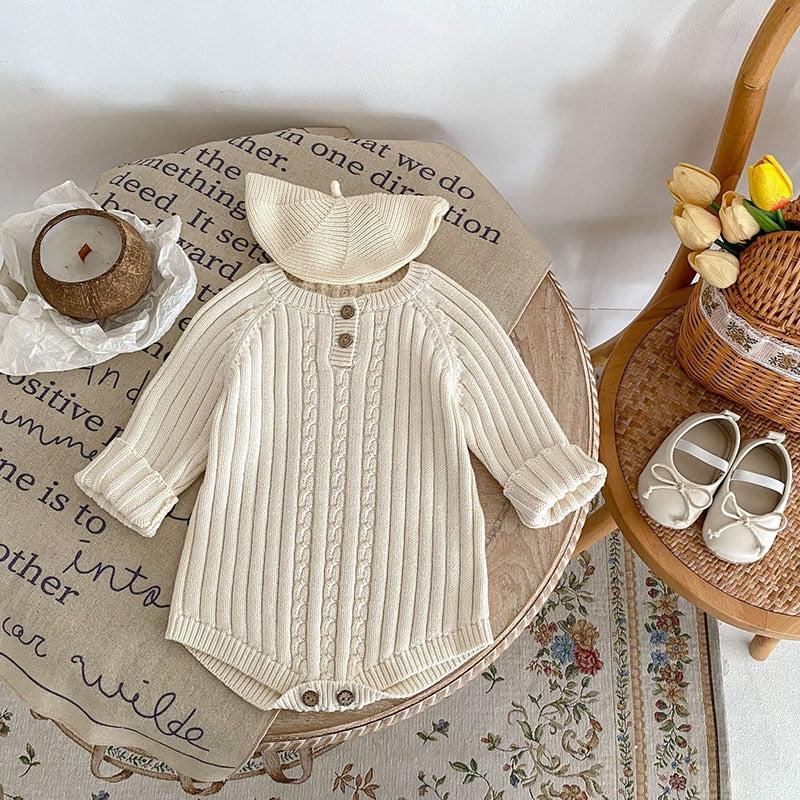 -ベビー服 長袖 ロンパース ニット ケーブル編み アランニット ホワイト 白 女の子 - mamahalo shop - 長袖ロンパース -  べビー服 - 子供服 - 男の子 - 女の子