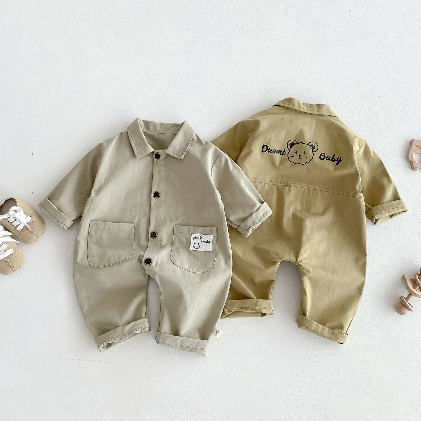 -ベビージャンプスーツ バックプリント長袖シャツつなぎ 2カラー - mamahalo shop - 長袖ジャンプスーツ -  べビー服 - 子供服 - 男の子 - 女の子