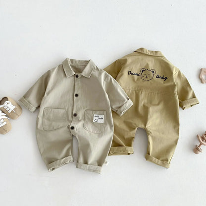 -ベビージャンプスーツ バックプリント長袖シャツつなぎ 2カラー - mamahalo shop - 長袖ジャンプスーツ -  べビー服 - 子供服 - 男の子 - 女の子