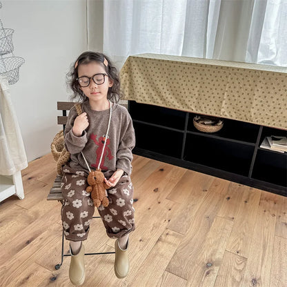 -キッズパンツ ロングルーズパンツ レトロフラワー花柄プリント グレー コーヒー 2カラー - mamahalo shop - ロングパンツ・スウェットパンツ -  べビー服 - 子供服 - 男の子 - 女の子