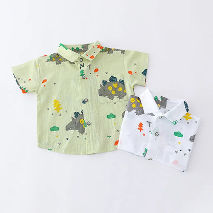 -キッズセットアップ 2点セット 半袖シャツ+デニムショートパンツ 恐竜ダイナソープリント 2カラー【mh0006520】 - mamahalo shop - 半袖セットアップ -  べビー服 - 子供服 - 男の子 - 女の子