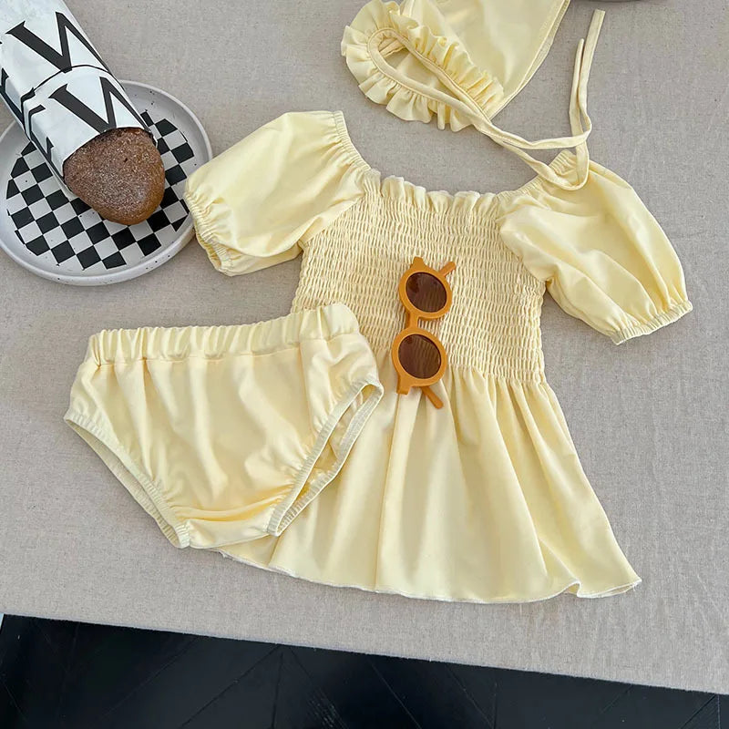 -キッズ水着 帽子セット セパレート ビキニ 半袖パフスリーブチュニック ブルマ フリル帽子 スイムウェア 2カラー【mh0005117】 - mamahalo shop - ベビー用水着 -  べビー服 - 子供服 - 男の子 - 女の子