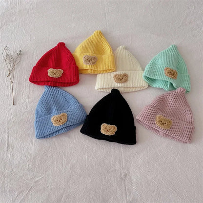 -ベビー帽子 ニットキャップ ニット帽 ベアくまワッペン ワッチキャップ 7カラー【mh0003634】 - mamahalo shop - ベビー用帽子 -  べビー服 - 子供服 - 男の子 - 女の子
