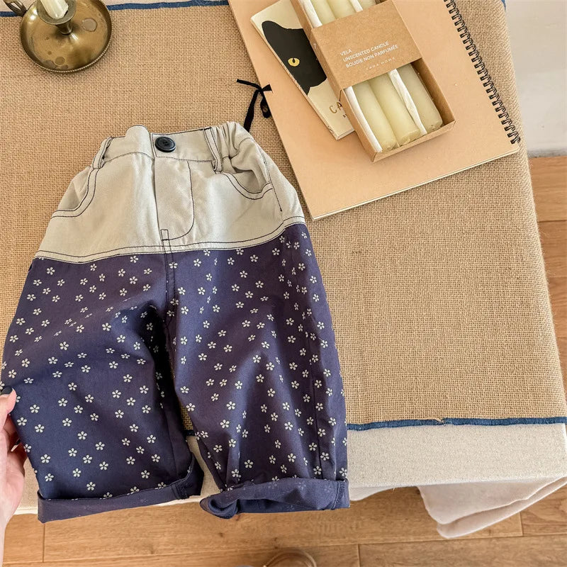 -キッズパンツ 切り替えパッチワーク ルーズワイドロングパンツ フラワー花柄プリント 2カラー - mamahalo shop - ロングパンツ・スウェットパンツ -  べビー服 - 子供服 - 男の子 - 女の子