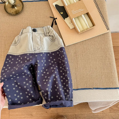 -キッズパンツ 切り替えパッチワーク ルーズワイドロングパンツ フラワー花柄プリント 2カラー - mamahalo shop - ロングパンツ・スウェットパンツ -  べビー服 - 子供服 - 男の子 - 女の子