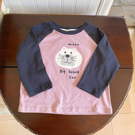 キッズトップス 長袖ラグランパッチワーク猫キャットプリントTシャツ 2カラー - mamahalo shop - 長袖Tシャツ -  べビー服 - 子供服 - 男の子 - 女の子