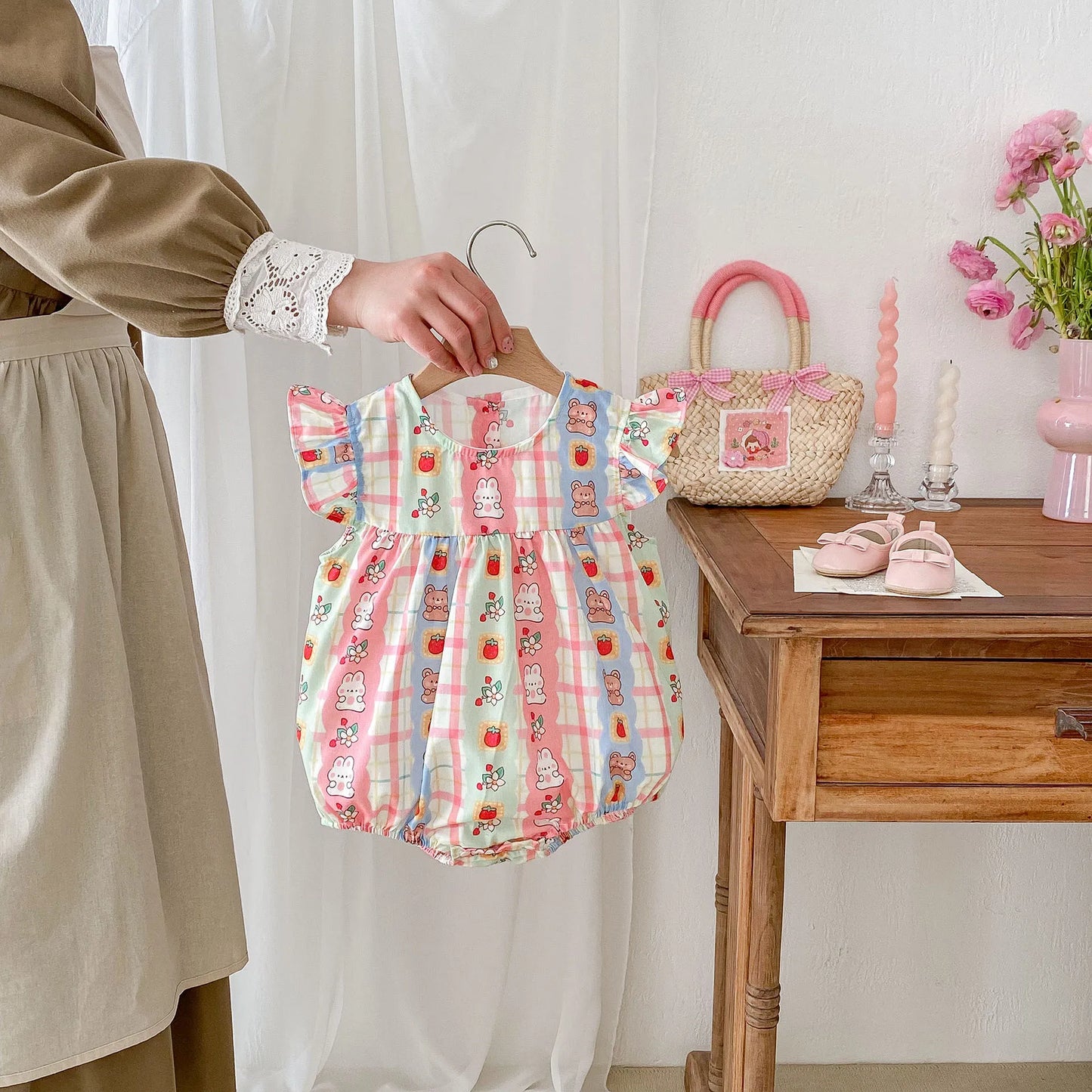 -ベビーロンパース フリルスリーブボディスーツ くまベアうさぎ ストライプ レトロプリント【mh0006546】 - mamahalo shop - 半袖ロンパース -  べビー服 - 子供服 - 男の子 - 女の子