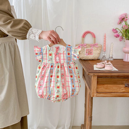 -ベビーロンパース フリルスリーブボディスーツ くまベアうさぎ ストライプ レトロプリント【mh0006546】 - mamahalo shop - 半袖ロンパース -  べビー服 - 子供服 - 男の子 - 女の子