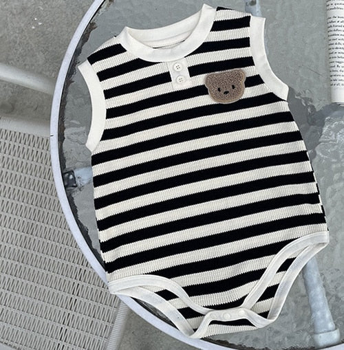 -ベビー ワッフル ボーダー くま ベア ワッペン ノースリーブ ロンパース 4カラー ユニセックス【mh0002070】 - mamahalo shop - ノースリーブロンパース -  べビー服 - 子供服 - 男の子 - 女の子
