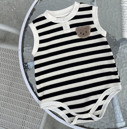 -ベビー ワッフル ボーダー くま ベア ワッペン ノースリーブ ロンパース 4カラー ユニセックス【mh0002070】 - mamahalo shop - ノースリーブロンパース -  べビー服 - 子供服 - 男の子 - 女の子