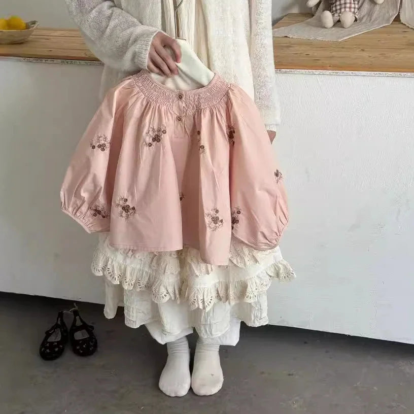 -キッズトップス フラワー刺繍長袖チュニックブラウス ピンク - mamahalo shop - 長袖シャツ・ブラウス -  べビー服 - 子供服 - 男の子 - 女の子