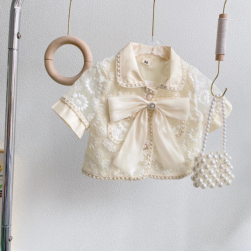 -キッズセットアップ 2点セット サマースーツ 半袖レースリボンジャケット+タイトミニスカート お出かけ ホワイト【mh0006105】 - mamahalo shop - 半袖セットアップ -  べビー服 - 子供服 - 男の子 - 女の子