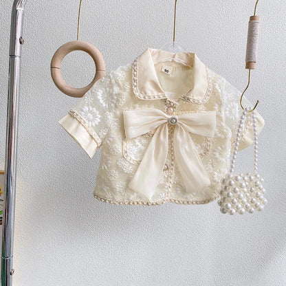 -キッズセットアップ 2点セット サマースーツ 半袖レースリボンジャケット+タイトミニスカート お出かけ ホワイト【mh0006105】 - mamahalo shop - 半袖セットアップ -  べビー服 - 子供服 - 男の子 - 女の子