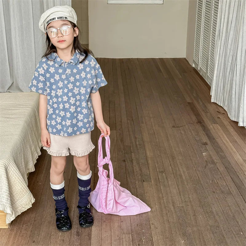 -キッズトップス 半袖ポロシャツ レトロフラワープリント 2カラー【mh0005445】 - mamahalo shop - 半袖シャツ・ブラウス -  べビー服 - 子供服 - 男の子 - 女の子