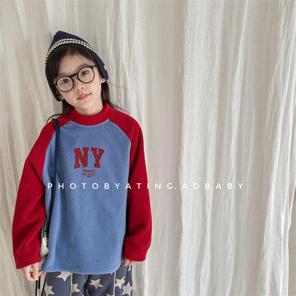 キッズトップス NYロゴフリースラグランパッチワーク長袖Tシャツ - mamahalo shop - 長袖Tシャツ -  べビー服 - 子供服 - 男の子 - 女の子