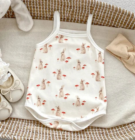 -ベビーロンパース キャミソールボディスーツ ラビットうさぎマッシュルームきのこ水玉ドットプリント【mh0005348】 - mamahalo shop - ノースリーブロンパース -  べビー服 - 子供服 - 男の子 - 女の子