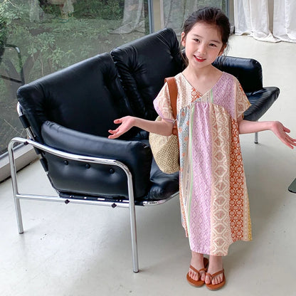 -キッズワンピース 半袖ワンピース ルーミーデザイン アラベスク柄プリント【mh0005802】 - mamahalo shop - 半袖ワンピース -  べビー服 - 子供服 - 男の子 - 女の子