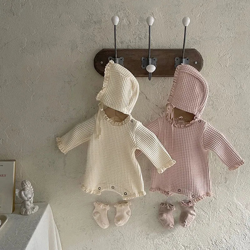 -ベビーロンパース ボンネットセット ワッフル 長袖ボディスーツ シンプルベーシック 2カラー【mh0006262】 - mamahalo shop - 長袖ロンパース -  べビー服 - 子供服 - 男の子 - 女の子