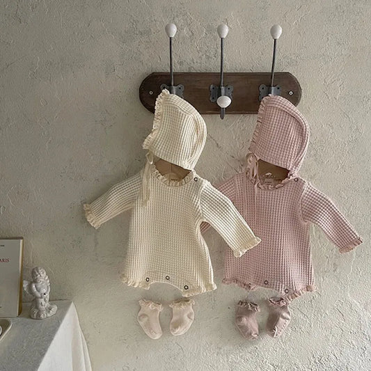 -ベビーロンパース ボンネットセット ワッフル 長袖ボディスーツ シンプルベーシック 2カラー【mh0006262】 - mamahalo shop - 長袖ロンパース -  べビー服 - 子供服 - 男の子 - 女の子