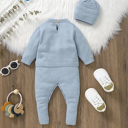 -ベビーロンパース帽子セット ベアくま柄ニットドッキング長袖ジャンプスーツ ニット帽セット ブルー - mamahalo shop - 長袖ロンパース -  べビー服 - 子供服 - 男の子 - 女の子