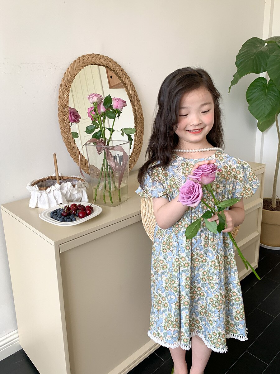 -キッズ フラワー 花柄 レース 半袖 パフスリーブ ワンピース ガールズ - mamahalo shop - 半袖ワンピース -  べビー服 - 子供服 - 男の子 - 女の子