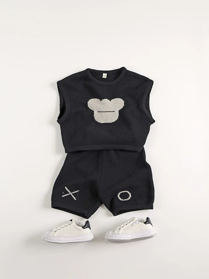 -キッズトップス/パンツ ベアくまニットベスト/ニットハーフパンツ - mamahalo shop - ノースリーブセットアップ -  べビー服 - 子供服 - 男の子 - 女の子
