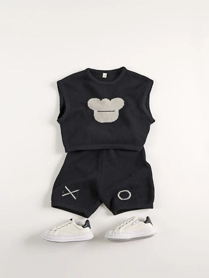 -キッズトップス/パンツ ベアくまニットベスト/ニットハーフパンツ - mamahalo shop - ノースリーブセットアップ -  べビー服 - 子供服 - 男の子 - 女の子