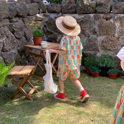 -キッズセットアップ 2点セット/ワンピース ボーイズ半袖シャツ+ショートパンツ/ガールズノースリーブワンピース カラフルチェックストライプ リンクコーデ 兄弟姉妹 お揃いコーデ - mamahalo shop - 半袖セットアップ -  べビー服 - 子供服 - 男の子 - 女の子