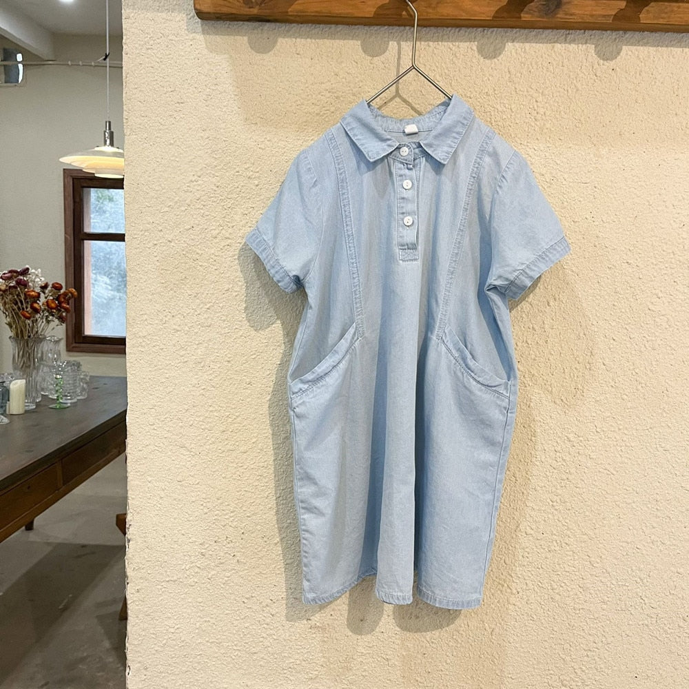 -キッズ デニム ボーイズ セットアップ 半袖 シャツ ショートパンツ ガールズ 半袖シャツ ワンピース リンク 兄弟 姉妹 お揃い コーデ - mamahalo shop - 半袖ワンピース -  べビー服 - 子供服 - 男の子 - 女の子