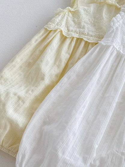 -ベビーロンパース ノースリーブジャンプスーツ レースフリル 2カラー【mh0006065】 - mamahalo shop - ノースリーブジャンプスーツ -  べビー服 - 子供服 - 男の子 - 女の子