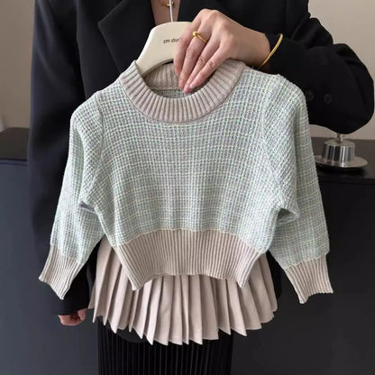 -キッズトップス/スカート ジャガードニットチェックバイカラー長袖セーター/プリーツミニスカート【mh0007376】 - mamahalo shop - 長袖セットアップ -  べビー服 - 子供服 - 男の子 - 女の子