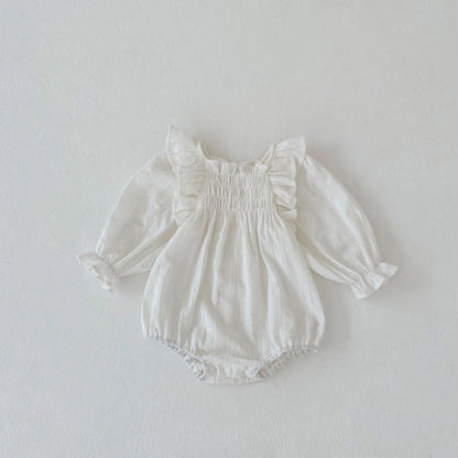 -ベビーロンパース 長袖ボディスーツ ショルダーフリル ホワイト【mh0004787】 - mamahalo shop - 長袖ロンパース -  べビー服 - 子供服 - 男の子 - 女の子