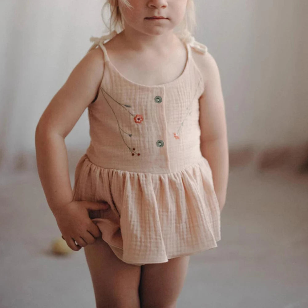 -ベビーロンパース キャミソールスカートボディスーツ フラワー花柄刺繍 3カラー【mh0005947】 - mamahalo shop - ノースリーブロンパース -  べビー服 - 子供服 - 男の子 - 女の子