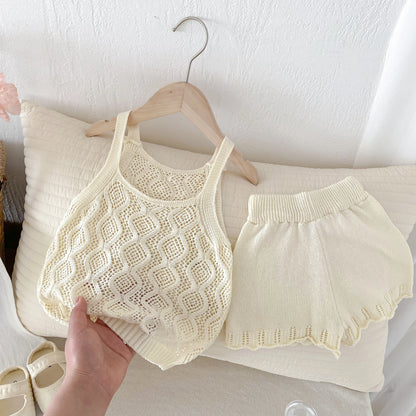 -キッズセットアップ 2点セット レースニット タンクトップベスト+ショートパンツ ベージュ【mh0006118】 - mamahalo shop - ノースリーブセットアップ -  べビー服 - 子供服 - 男の子 - 女の子