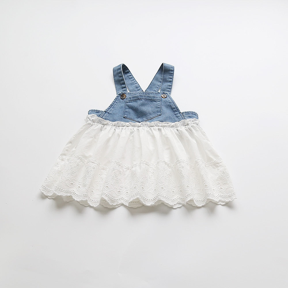 -ベビー デニム サスペンダー レース スカート ドッキング ワンピース ガールズ - mamahalo shop - ノースリーブワンピース -  べビー服 - 子供服 - 男の子 - 女の子