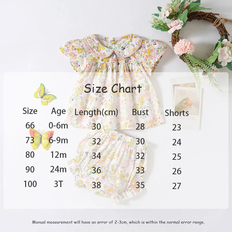 -ベビーセットアップ 2点セット 丸襟 半袖チュニックブラウス+フリルブルマパンツ フラワー花柄プリント【mh0005499】 - mamahalo shop - 半袖セットアップ -  べビー服 - 子供服 - 男の子 - 女の子