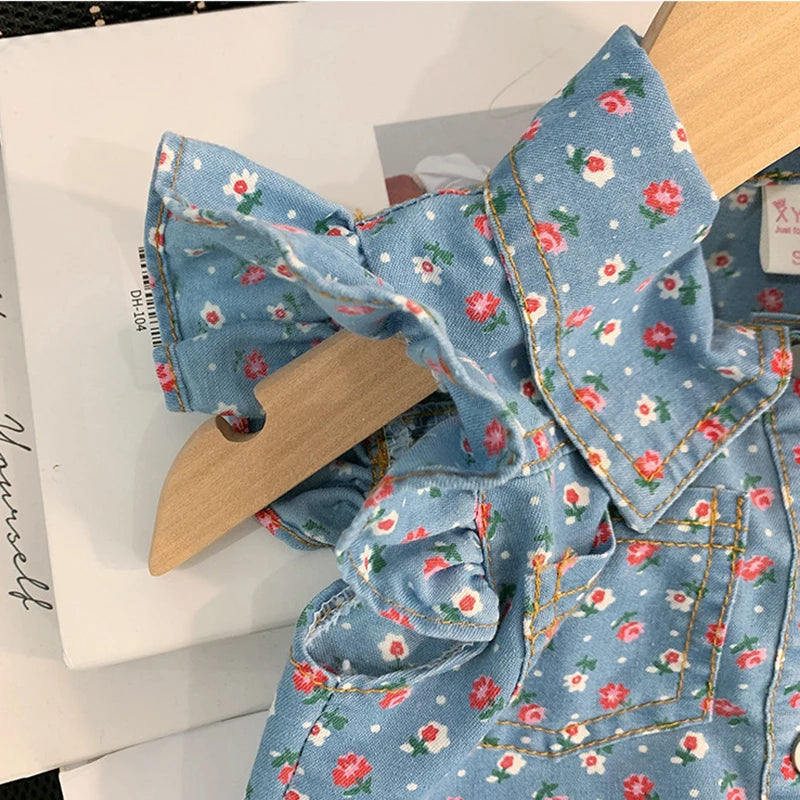 -キッズセットアップ 2点セット デニム フリルキャップスリーブブラウス+ショートパンツ フラワー花柄プリント【mh0006539】 - mamahalo shop - ノースリーブセットアップ -  べビー服 - 子供服 - 男の子 - 女の子