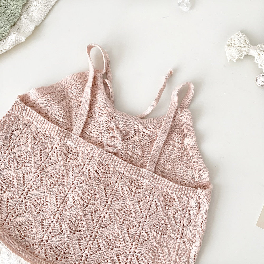 -ベビー キッズ サマーニット 編み上げ レース キャミソール ペプラム トップス ブラウス ピンク クリームアイボリー グリーン ガールズ - mamahalo shop - タンクトップ・キャミソール・ノースリーブトップス -  べビー服 - 子供服 - 男の子 - 女の子