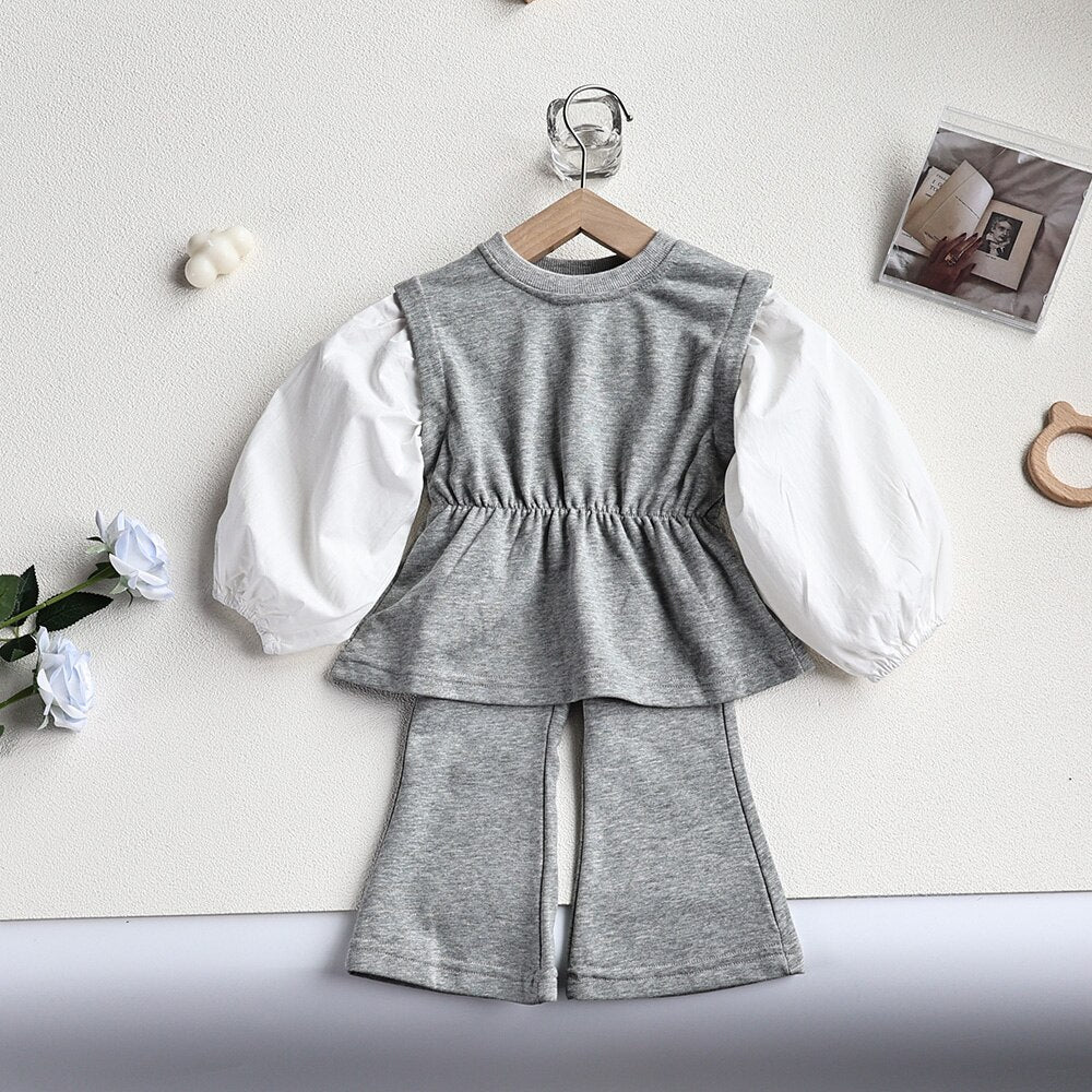 -キッズ セットアップ 長袖 パッチワーク チュニック ブラウス フレア ロングパンツ ブラック グレー ガールズ - mamahalo shop - 長袖セットアップ -  べビー服 - 子供服 - 男の子 - 女の子