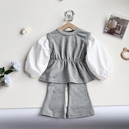 -キッズ セットアップ 長袖 パッチワーク チュニック ブラウス フレア ロングパンツ ブラック グレー ガールズ - mamahalo shop - 長袖セットアップ -  べビー服 - 子供服 - 男の子 - 女の子