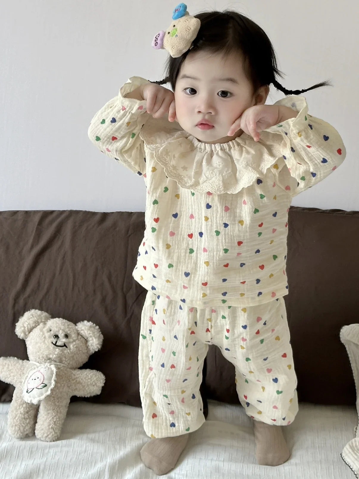 -ベビーセットアップ ハート/フラワープリントラッフル襟長袖シャツ+ロングパンツ 3カラー - mamahalo shop - 長袖セットアップ -  べビー服 - 子供服 - 男の子 - 女の子