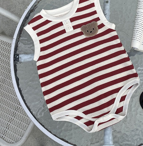 -ベビー ワッフル ボーダー くま ベア ワッペン ノースリーブ ロンパース 4カラー ユニセックス【mh0002070】 - mamahalo shop - ノースリーブロンパース -  べビー服 - 子供服 - 男の子 - 女の子