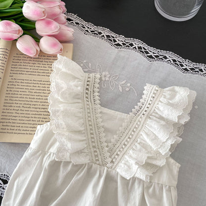 -ベビー レース フリル Vネックデザイン ノースリーブ ロンパース ベージュ ガールズ 5977B - mamahalo shop - ノースリーブロンパース -  べビー服 - 子供服 - 男の子 - 女の子