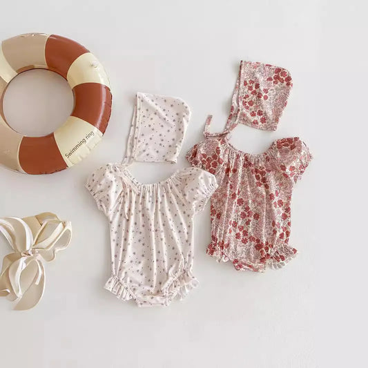 -ベビー水着 帽子セット 半袖パフスリーブ ワンピース フラワー花柄/水玉ドットプリント ガールズスイムウェア【mh0005268】 - mamahalo shop - ベビー用水着 -  べビー服 - 子供服 - 男の子 - 女の子