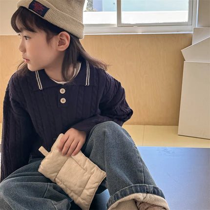 キッズトップス アランニットケーブル編み長袖ポロセーター - mamahalo shop - ニット・セーター -  べビー服 - 子供服 - 男の子 - 女の子