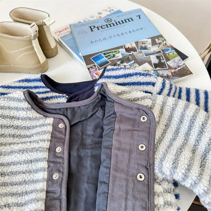 -キッズ フリースジャケット アウター ショートコート ボーダー グレー ブルー 2カラー ユニセックス 男の子 女の子 子供服 - mamahalo shop - ショートコート・ジャケット・ジャンパー -  べビー服 - 子供服 - 男の子 - 女の子