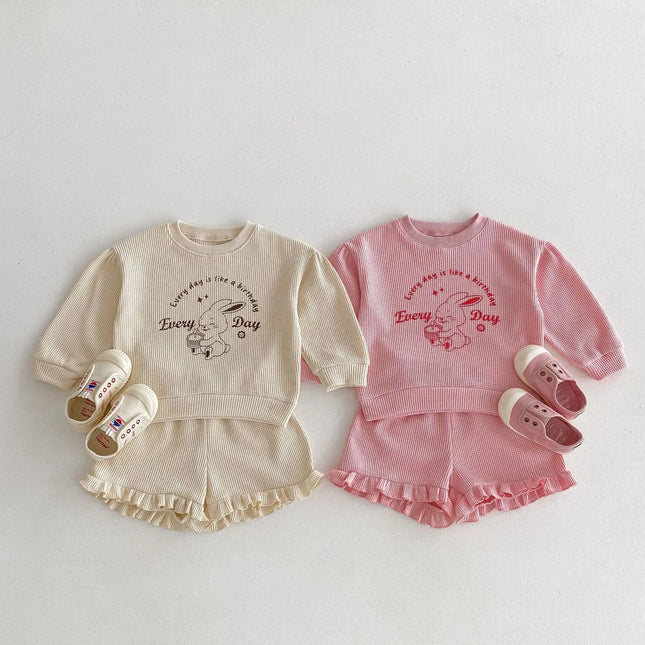 ☺︎ キッズセットアップ 2点セット ワッフル 長袖Tシャツ+フリルショートパンツ うさぎプリント 2カラー - mamahalo shop - 長袖セットアップ -  べビー服 - 子供服 - 男の子 - 女の子