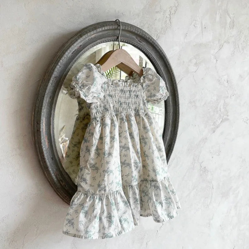 -ベビーワンピース 半袖パフスリーブ シャーリング サマードレス フラワー花柄プリント 3カラー【mh0005345】 - mamahalo shop - 半袖ワンピース -  べビー服 - 子供服 - 男の子 - 女の子