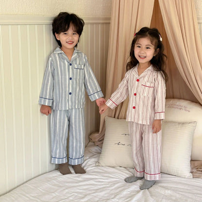 -キッズパジャマセット 長袖シャツ+ロングパンツ レトロストライプ 2カラー【mh0006433】 - mamahalo shop - 長袖パジャマ -  べビー服 - 子供服 - 男の子 - 女の子